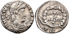 Julian II. AD 360-363. AR Siliqua (15mm, 1.68 g, 7h). Treveri (Trier) mint. Pearl-diademed, draped, and cuirassed bust right / VOTIS / V / MVLTIS / X within wreath; TR [(palm frond)]. RIC VIII 365; RS