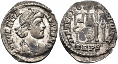 Gratian. AD 367-383. AR Siliqua (17mm, 1.70 g, 6h). Treveri (Trier) mint. Struck AD 378-383. Pearl-diademed, draped, and cuirassed bust right / Roma seated facing on throne, head left, holding globe a