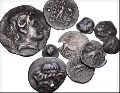 GREEK. Miscellaneous. Lot of ten (10) mixed silver coins. Includes: Lysimachos. AR Tetradrachm // Thessalian League. AR Stater (2 coins) // Seleukid Kings. Antiochos VII. AR Drachm. And six (6) other 
