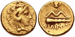 KINGS of MACEDON. temp. Philip II – Alexander III. Circa 340/36-328 BC. AV Quarter Stater (10mm, 2.12 g, 1h). In the name of Philip II. Pella mint. Head of Herakles right, wearing lion skin / Bow and 