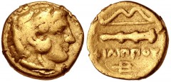 KINGS of MACEDON. temp. Philip II – Alexander III. Circa 340/36-328 BC. AV Quarter Stater (10.5mm, 2.08 g, 2h). In the name and types of Philip II. Pella mint. Head of Herakles right, wearing lion ski