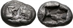KINGS of LYDIA. Kroisos. Circa 564/53-550/39 BC. AR Eighth Stater (11mm, 1.33 g). Sardes mint. Confronted foreparts of lion right and bull left / Two incuse squares of unequal size. Berk –; Traité I –