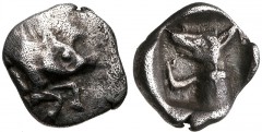LYCIA, Uncertain. 5th century BC. AR Hemiobol(?) (7.5mm, 0.33 g, 6h). Forepart of boar right / Head and neck of hound, wearing leash, left, within incuse square. Falghera –; SNG Copenhagen –; Traité I