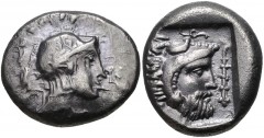 DYNASTS of LYCIA. Uncertain. Circa 400-370 BC. AR Stater (20mm, 8.17 g, 3h). Helmeted head of Athena right / Head of Herakles right, wearing lion skin; diskeles above, club to right; all within incuse