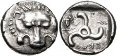 DYNASTS of LYCIA. Perikles. Circa 380-360 BC. AR Third Stater (15mm, 2.98 g). Lion scalp facing / Triskeles; in one section, draped bust of Helios facing slightly left; all within incuse square. Falgh