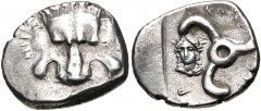 DYNASTS of LYCIA. Perikles. Circa 380-360 BC. AR Third Stater (16mm, 2.95 g). Lion scalp facing / Triskeles; in one section, draped bust of Helios facing slightly left; all within incuse square. Falgh
