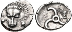 DYNASTS of LYCIA. Perikles. Circa 380-360 BC. AR Third Stater (16mm, 3.02 g). Lion scalp facing / Triskeles; in one section, draped bust of Hermes, wearing winged petasos, facing slightly right; all w