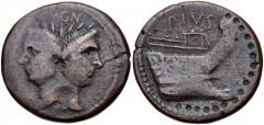 The Pompeians. Sextus Pompey. 42-38 BC. Æ As (30mm, 14.93 g, 12h). Uncertain Sicilian mint. Laureate head of Janus with the features of Cn. Pompeius Magnus / Prow of quinquereme right. Crawford 479/1;