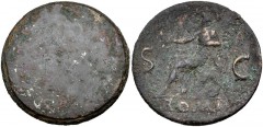 Nero. AD 54-68. Æ Sestertius (33mm, 15.33 g). Plate soldered to smoothed obverse to create a mirror / Roma seated left on cuirass, holding Victory and parazonium; arms around. Half of an ancient mirro