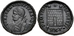 Constantine II. As Caesar, AD 316-337. Æ Follis (18mm, 3.68 g, 12h). Cyzicus mint, 3rd officina. Struck AD 325-326. Laureate, draped, and cuirassed bust left / Camp gate with two turrets; star above; 