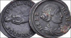 ROMAN. Imperial. Lot of two (2) Æ Folles of Fausta and Helena. Includes: Helena. Draped bust right / Star within wreath // Fausta. Draped bust right / Fausta (or Salus) standing facing, head left, hol