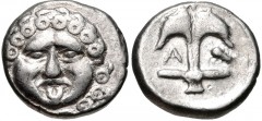 THRACE, Apollonia Pontika. Late 5th-4th centuries BC. AR Drachm (13mm, 2.97 g, 6h). Facing gorgoneion / Upright anchor; A to left, crayfish to right. Topalov, Apollonia 45; SNG BM Black Sea 160–1. Goo