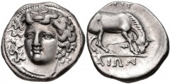 THESSALY, Larissa. Circa 356-342 BC. AR Drachm (18mm, 5.98 g, 6h). Head of the nymph Larissa facing slightly left, with hair in ampyx / [ΛA]PIΣ AIΩN above and below, horse standing right, preparing to