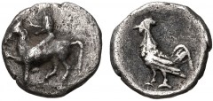 TROAS, Dardanos. Late 5th century BC. AR Hemiobol (8mm, 0.27 g, 9h). Horseman riding left / Cock standing left [within incuse square]. Cf. SNG Ashmolean 1120 (obol); SNG von Aulock –; cf. SNG Copenhag