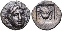 ISLANDS off CARIA, Rhodos. Rhodes. Circa 170-150 BC. AR Hemidrachm (12mm, 1.25 g, 12h). ‘Plinthophoric’ coinage. Dionysios, magistrate. Radiate head of Helios facing slightly right / Rose with bud to 