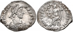 Honorius. AD 393-423. AR Siliqua (18mm, 1.69 g, 12h). Mediolanum (Milan) mint. Struck AD 393-394. Pearl-diademed, draped, and cuirassed bust right / Roma seated left on cuirass, holding Victory on glo