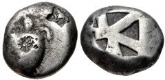 ISLANDS off ATTICA, Aegina. Circa 525-480 BC. AR Stater (17mm, 11.90 g). Sea turtle; four counterstamps, three of which are overlapping / Incuse square with “proto-skew” pattern with one line of wedge