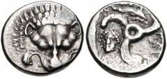 DYNASTS of LYCIA. Perikles. Circa 380-360 BC. AR Third Stater (15mm, 2.95 g). Lion scalp facing / Triskeles; in one section, draped bust of female facing slightly left; in another, dolphin right; all 