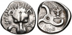 DYNASTS of LYCIA. Perikles. Circa 380-360 BC. AR Third Stater (15mm, 3.03 g). Lion scalp facing / Triskeles; in one section, draped bust of Hermes, wearing winged petasos, facing slightly right; all w