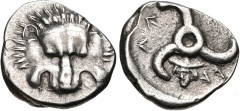 DYNASTS of LYCIA. Perikles. Circa 380-360 BC. AR Third Stater (16mm, 3.05 g). Lion scalp facing / Triskeles; in one section, draped bust of Hermes, wearing winged petasos, facing slightly left; all wi