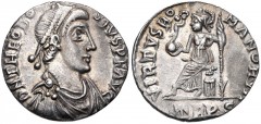 Theodosius I. AD 379-395. AR Siliqua (16mm, 1.53 g, 6h). Treveri (Trier) mint. Struck AD 388-395. Pearl-diademed, draped, and cuirassed bust right / Roma seated left on cuirass, holding crowning Victo