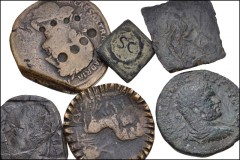 ROMAN. Provincial-Imperial. Lot of sixteen (16) coins altered in antiquity. Includes: THRACE, Byzantion. Caracalla. Æ 30mm. Decorated with numerous shallow drill holes // PISIDIA, Antiochia. Elagabalu