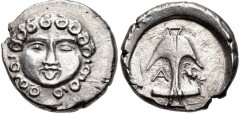 THRACE, Apollonia Pontika. Late 5th-4th centuries BC. AR Drachm (15mm, 2.85 g, 10h). Facing gorgoneion / Upright anchor; A to left, crayfish to right. Topalov, Apollonia 45; SNG BM Black Sea 160–1. EF