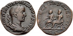 Philip II. AD 247-249. Æ Sestertius (28mm, 17.50 g, 12h). Rome mint, 3rd officina. 11th emission of Philip I, AD 249. Laureate, draped, and cuirassed bust right / Philip I, holding scepter, and Philip