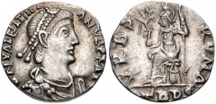 Valentinian II. AD 375-392. AR Siliqua (15mm, 1.48 g, 11h). Treveri (Trier) mint. Struck AD 388-392. Pearl-diademed, draped, and cuirassed bust right / Roma seated left on cuirass, holding crowning Vi