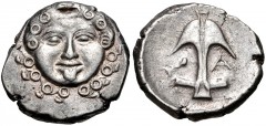THRACE, Apollonia Pontika. Late 5th-4th centuries BC. AR Drachm (14mm, 2.81 g, 1h). Facing gorgoneion / Upright anchor; crayfish to left, A to right. Topalov, Apollonia 45; SNG BM Black Sea 160-1 var.