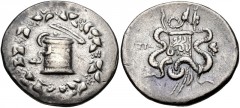LYDIA, Tralleis. Circa 166-67 BC. AR Tetradrachm (29mm, 12.50 g, 12h). Cistophoric standard. Struck circa 166-160 BC. Cista mystica with serpent; all within ivy wreath / Bow case with serpents; TPAΛ t