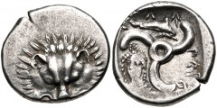 DYNASTS of LYCIA. Perikles. Circa 380-360 BC. AR Third Stater (16mm, 3.01 g). Lion scalp facing / Triskeles; in one section, draped bust of female facing slightly left; in another, dolphin right; all 