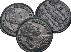 ROMAN. Imperial. Lot of three (3) Æ Centenionales of Constans and Constantius II. Includes: CONSTANS. Rome mint, 5th officina. RIC VIII 130 // Siscia mint, 1st officina. RIC VIII 254. CONSTANTIUS II. 
