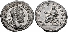 Macrinus. AD 217-218. AR Denarius (19mm, 3.44 g, 5h). Rome mint. 3rd emission, AD 218. Laureate and draped bust right / Macrinus seated left on curule chair, holding globe and short scepter. RIC IV 27