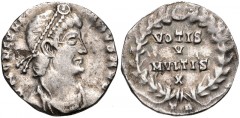 Julian II. AD 360-363. AR Siliqua (16mm, 1.53 g, 6h). Treveri (Trier) mint. Pearl-diademed, draped, and cuirassed bust right / VOTIS / V / MVLTIS / X within wreath; TR. RIC VIII 364; RSC 157†a. VF. Ex