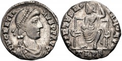 Gratian. AD 367-383. AR Siliqua (15mm, 1.54 g, 7h). Treveri (Trier) mint. Struck AD 378-383. Pearl-diademed, draped, and cuirassed bust right / Roma seated facing on throne, head left, holding globe a