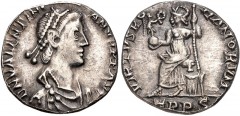 Valentinian II. AD 375-392. AR Siliqua (15mm, 1.32 g, 6h). Treveri (Trier) mint. Struck AD 388-392. Pearl-diademed, draped, and cuirassed bust right / Roma seated left on cuirass, holding crowning Vic