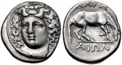 THESSALY, Larissa. Circa 356-342 BC. AR Drachm (17mm, 6.01 g, 12h). Head of the nymph Larissa facing slightly left, with hair in ampyx / ΛAPIΣ AIΩN above and below, horse right, preparing to lie down.