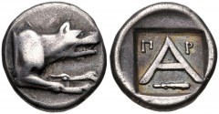 ARGOLIS, Argos. Circa 330-270 BC. AR Triobol (13mm, 2.63 g, 6h). Forepart of wolf at bay to right / Large A with Π-P above and club right below; all within incuse square. BCD Peloponnesos 1083.4 var. 