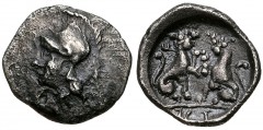 LYCIA, Tlos. Early4th century BC. AR Obol (10mm, 0.56 g, 10h). Helmeted head of Athena left / Two lions seated facing each other; ΤΛΟ (retrograde) in exergue. Traité II, 444 var. (Athena head right); 