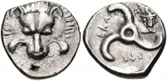 DYNASTS of LYCIA. Perikles. Circa 380-360 BC. AR Third Stater (16mm, 3.06 g, 10h). Lion scalp facing / Triskeles; in one section, draped bust of Hermes, wearing winged petasos, facing slightly right; 