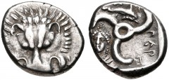 DYNASTS of LYCIA. Perikles. Circa 380-360 BC. AR Third Stater (14mm, 3.01 g, 2h). Lion scalp facing / Triskeles; in one section, draped bust of female facing slightly left; in another, dolphin right; 