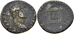 LYDIA, Hypaepa. Antoninus Pius. AD 138-161. Æ (28mm, 14.39 g, 6h). Julius Menandrus, magistrate. AV AΔPI ANTΩNЄINOC, bare head right / ЄΠI IOVΛ [...] VΠAIΠHNΩN, hexastyle temple, containing facing sta