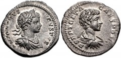 Caracalla, with Geta as Caesar. AD 198-217. AR Denarius (19mm, 2.97 g, 12h). Rome mint. Struck AD 199-201. Laureate, draped, and cuirassed bust of Caracalla right / Bareheaded, draped, and cuirassed b