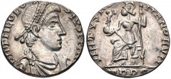 Theodosius I. AD 379-395. AR Siliqua (14mm, 1.28 g, 12h). Treveri (Trier) mint. Struck AD 388-395. Pearl-diademed, draped, and cuirassed bust right / Roma seated left on cuirass, holding crowning Vict