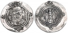 ISLAMIC, Umayyad Caliphate. 'Abd Allah ibn al-Zubayr. Rival caliph, AH 60-73 / AD 680-692. AR Drachm (30mm, 4.09 g, 33h). Arab-Sasanian type. DA + P (Fasa) mint. Dated YE 54 = AH 65 (AD 684/5). Crowne