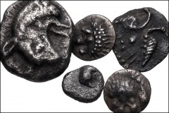 GREEK. Miscellaneous. Lot of five (5) AR Fractions. Includes: Mostly smaller fractions. Includes IONIA, Miletos. 48th Stater // Phokaia. Hemidrachm // SATRAPS of CARIA. Hekatomnos. Tetartemorion // WE