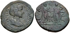 SYRIA, Coele-Syria. Heliopolis. Julia Domna, with Caracalla and Geta as Caesar. Augusta, AD 193-217. Æ (27mm, 13.62 g, 1h). Draped bust right / Caracalla and Geta standing vis-à-vis, clasping right ha