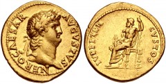 Nero. AD 54-68. AV Aureus (19mm, 7.28 g, 6h). Rome mint. Struck circa AD 64-65. NERO CAESAR AVGVSTVS, laureate head right / IVPPITER CVSTOS, Jupiter seated left on throne, holding thunderbolt and scep