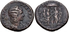 Julia Domna. Augusta, AD 193-217. Æ As (25mm, 10.04 g, 6h). Rome mint. Struck under Caracalla, circa AD 214. Diademed and draped bust right / Four Vestal Virgins sacrificing over altar in front of the